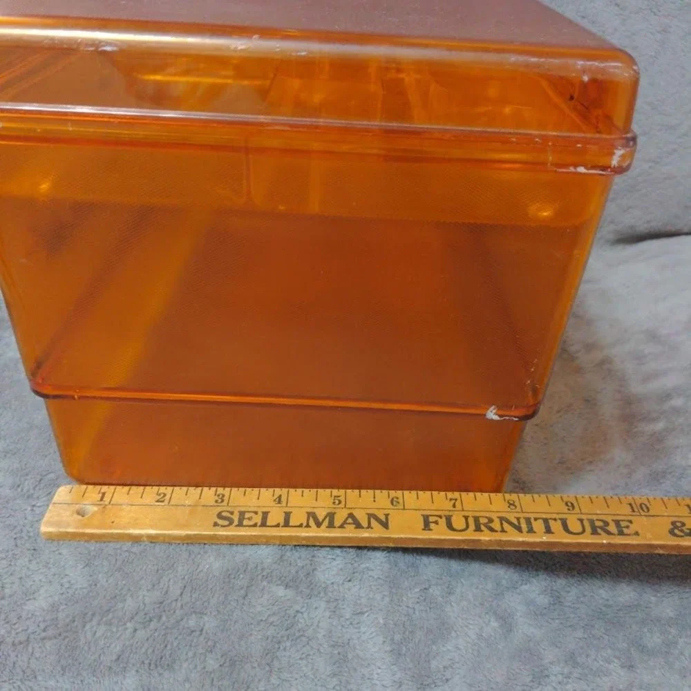 Vtg Wil-Hold Amber Orange Translucent Plastic Sewing Box MCM Case Gold Floral